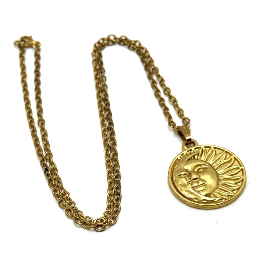 Vintage Style Sun Moon Face Pendant Necklace Gold Tone Celestial Astrology 20"